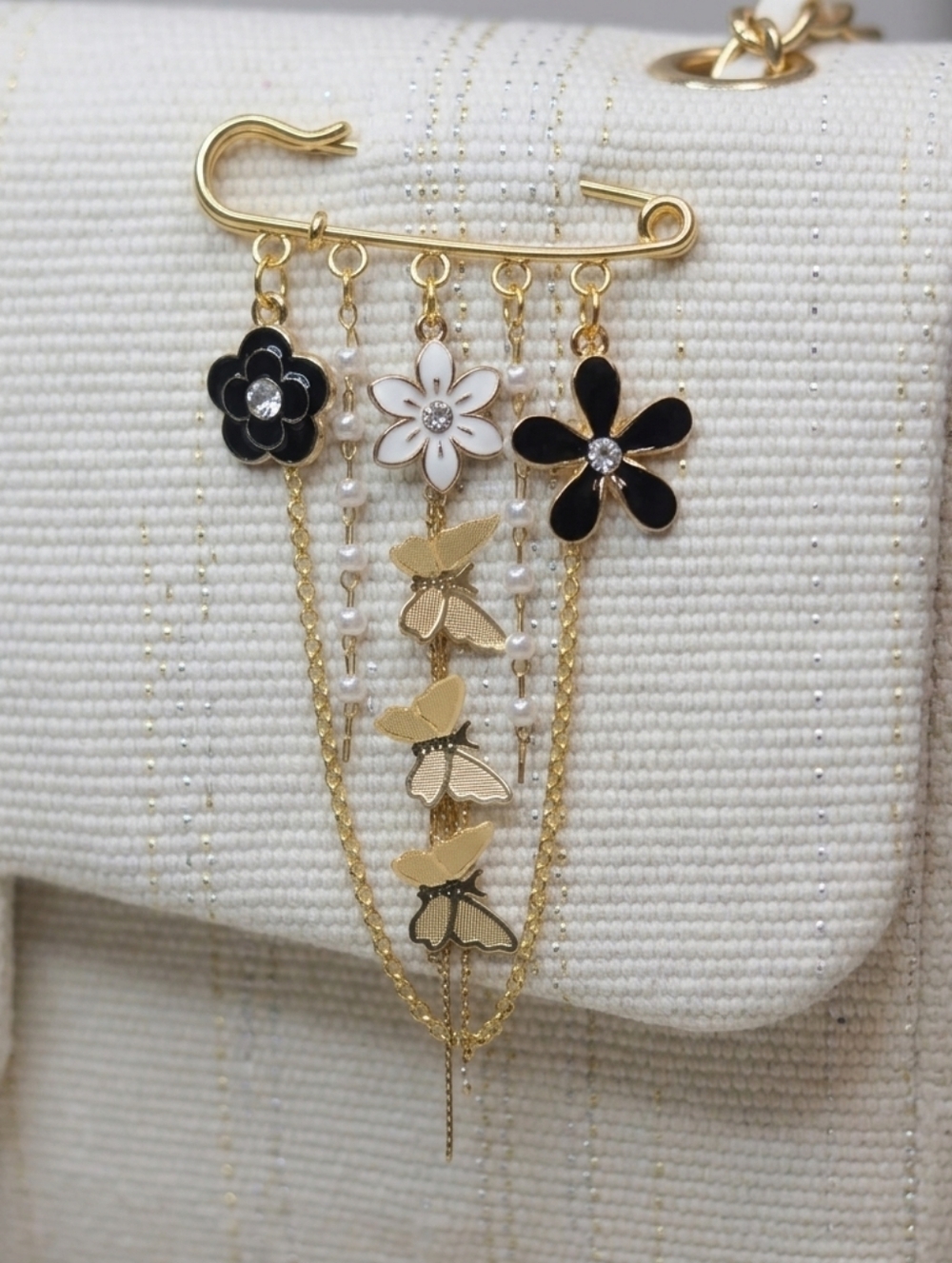 Gold Safety Pin Brooch Butterfly Dangle Charm Pin Statement Jewelry Floral